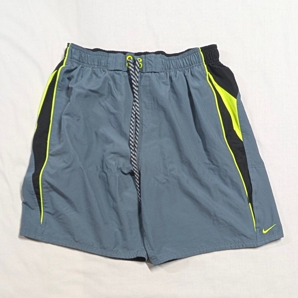 Nike Mens XL Swim Trunks Gray Black Neon Yellow Board Shorts Pockets Drawstring